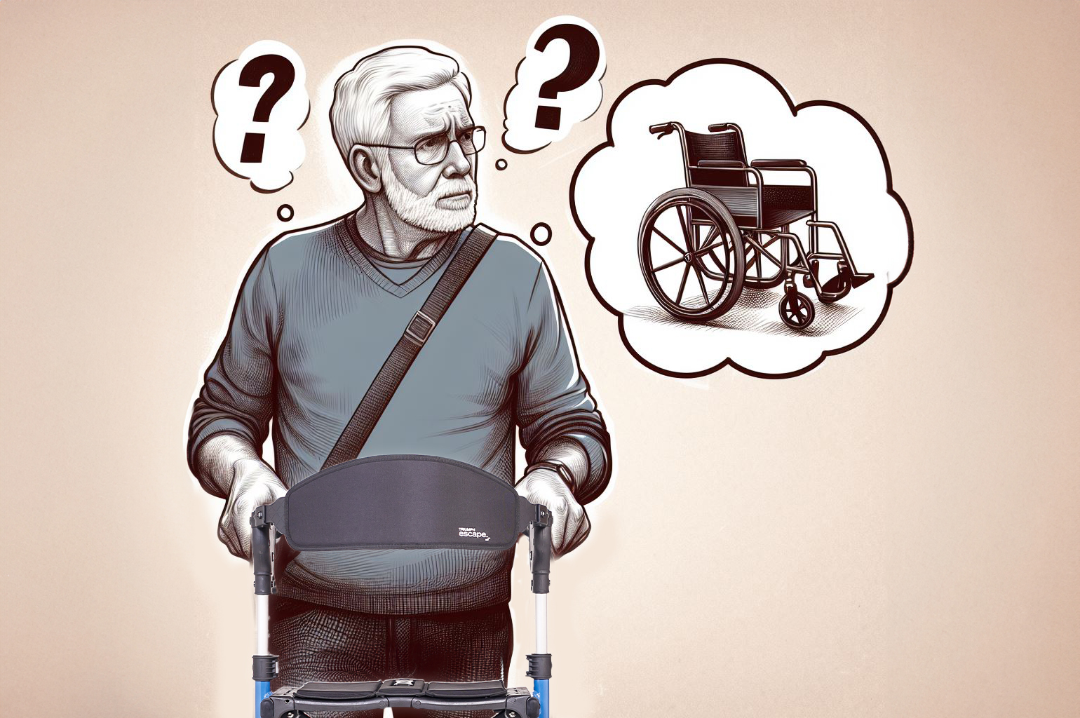 an image of a senior wondering if he can use his Escape rollator as a wheelchair